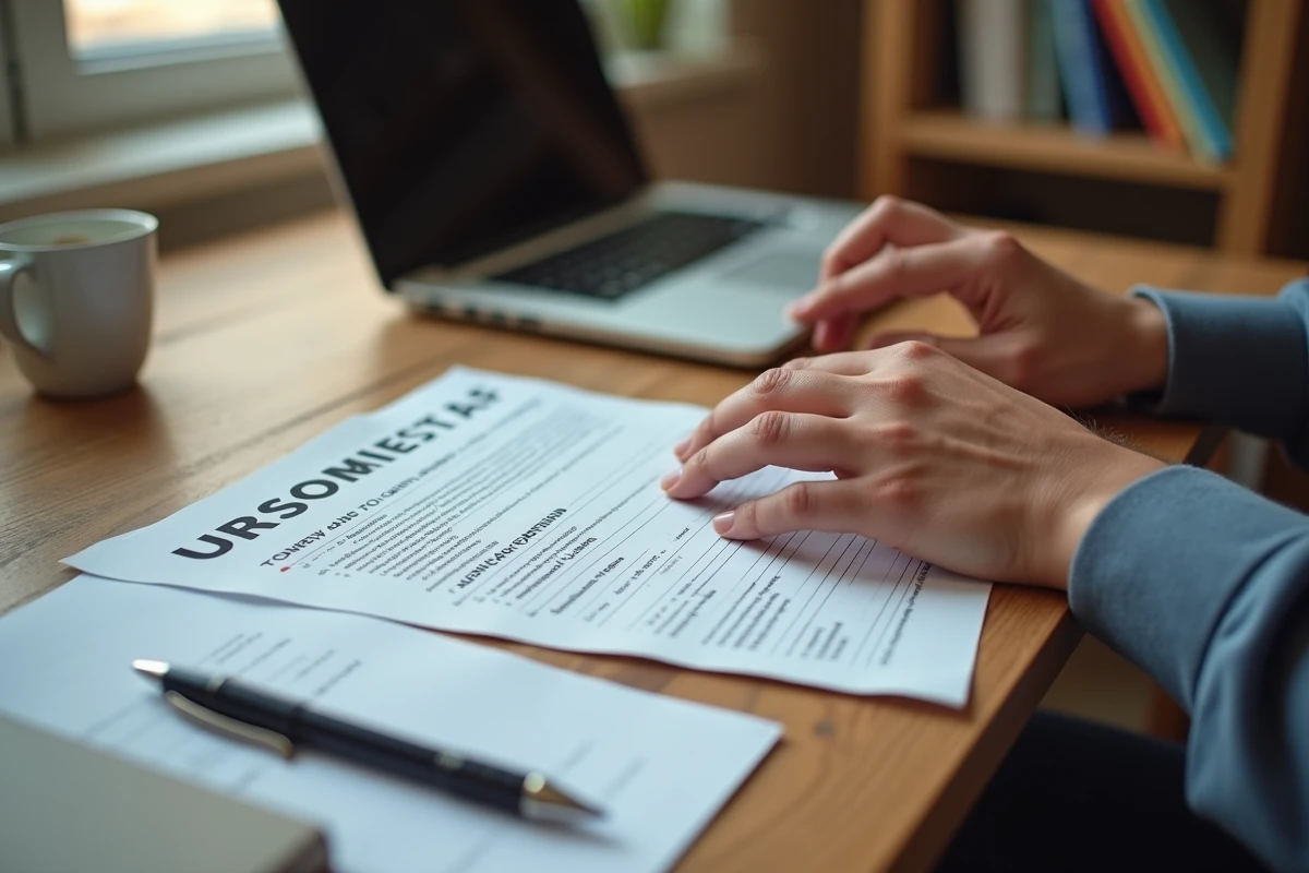 Mains tapant sur un ordinateur portable avec un formulaire URSSAF posé sur un bureau à domicile