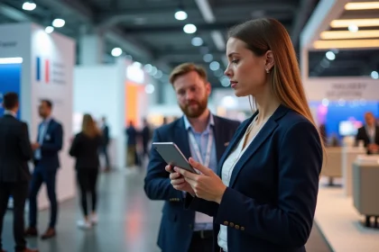 Fondatrice de startup française en discussion professionnelle lors d'un événement d'entreprise 2026 dans un grand centre de conventions