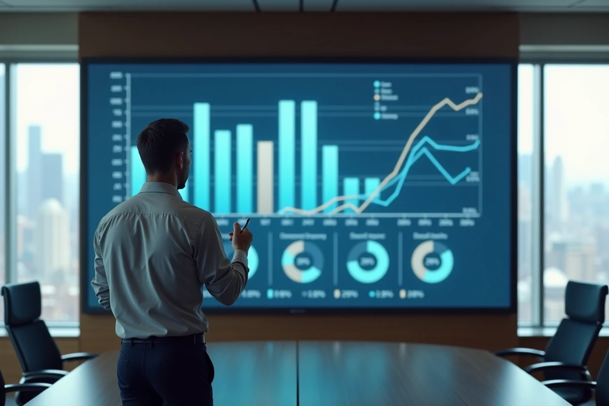 Statisticien présentant des graphiques de données publiques en salle de réunion institutionnelle