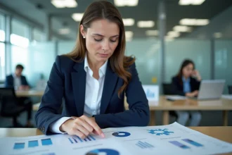 Statisticienne analysant des tableaux de données dans un bureau de statistiques publiques