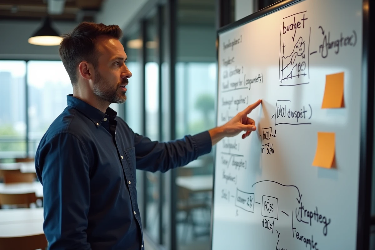 Entrepreneur expliquant une stratégie d'investissement en publicité PPC sur un tableau blanc dans un espace de coworking