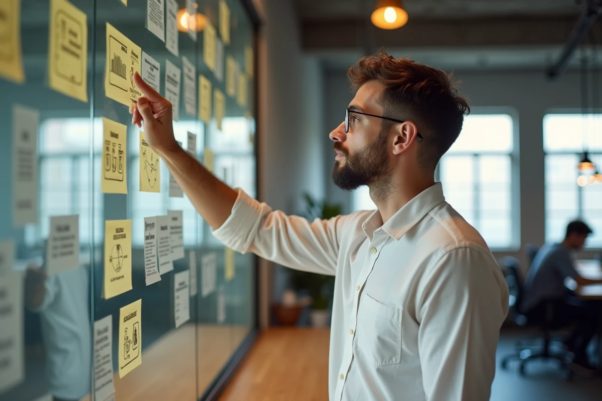 Stratège en marketing affilié présentant des niches rentables sur un mur de post-it dans un espace de coworking