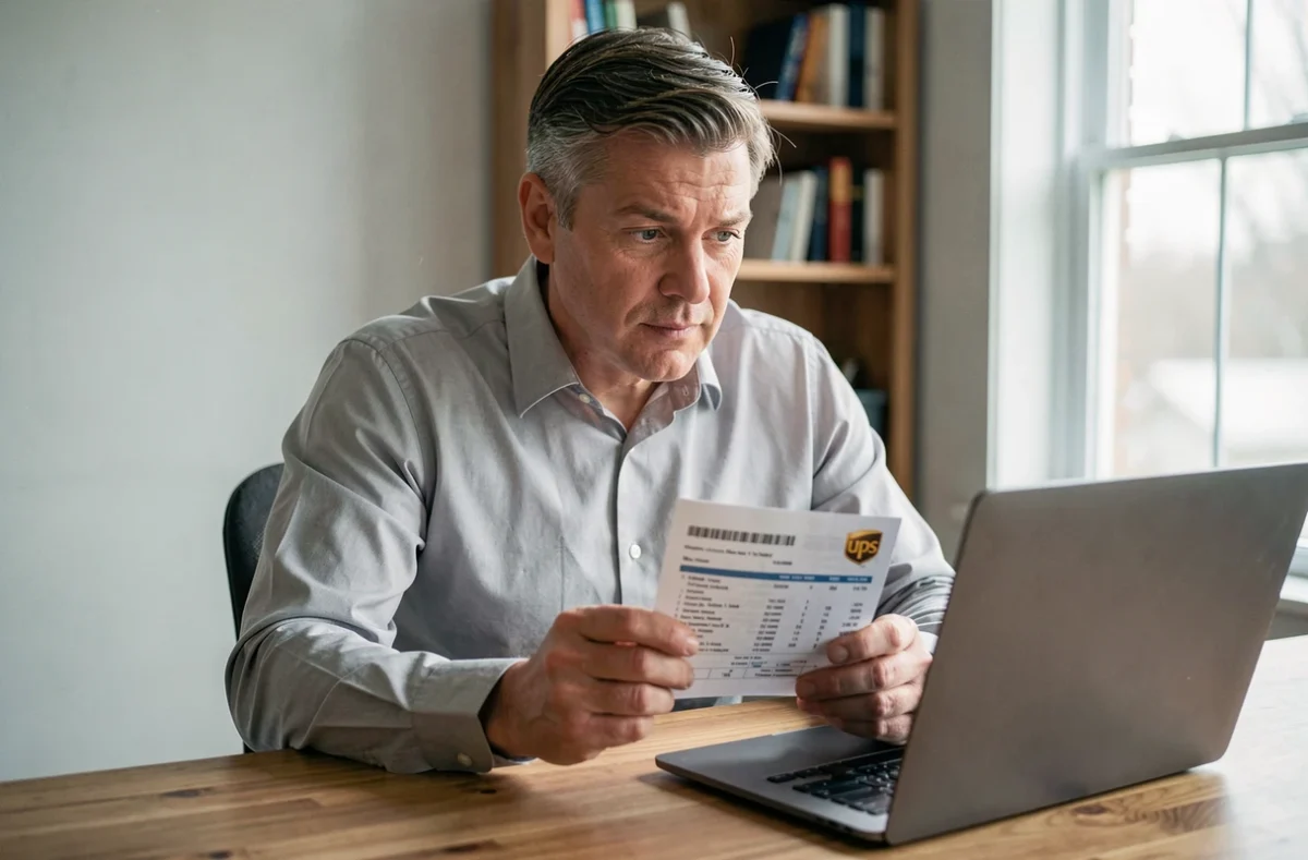 Un homme consulte le suivi de son colis UPS sur un ordinateur portable depuis son bureau à domicile en tenant un reçu de livraison