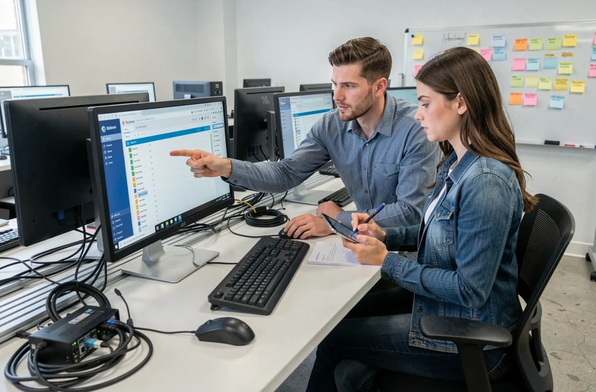 Deux collègues du support informatique cherchant ensemble une solution à un problème de connexion logiciel
