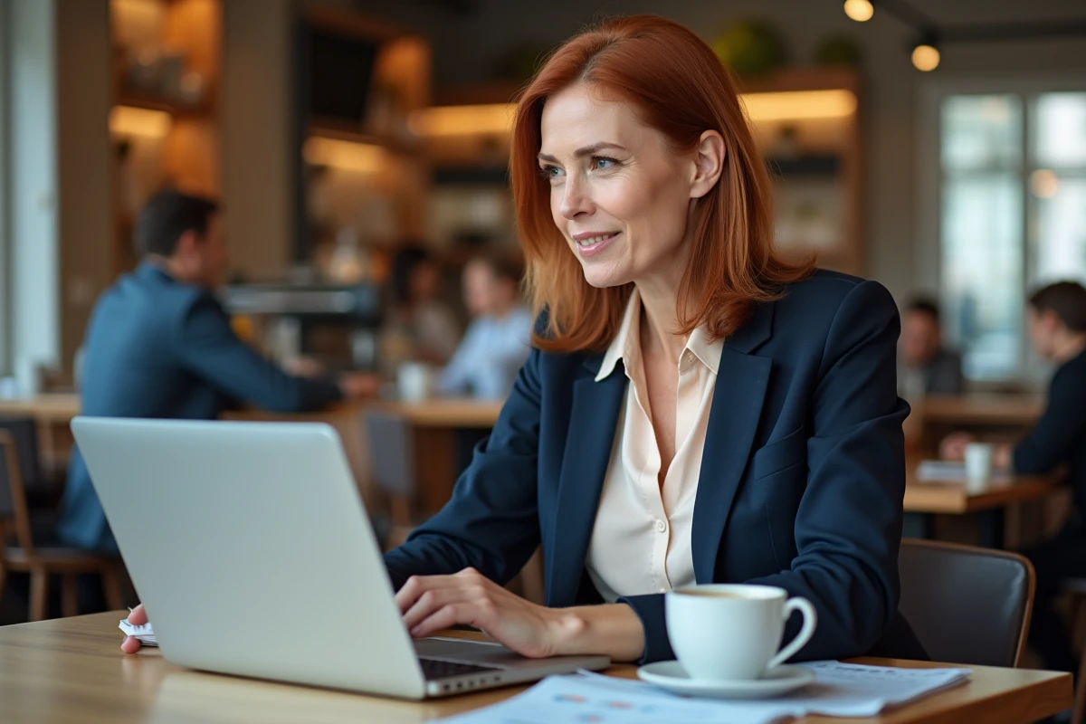 Femme consultant un tableau de bord Conversant Affiliate dans un café urbain moderne pour identifier les meilleures niches