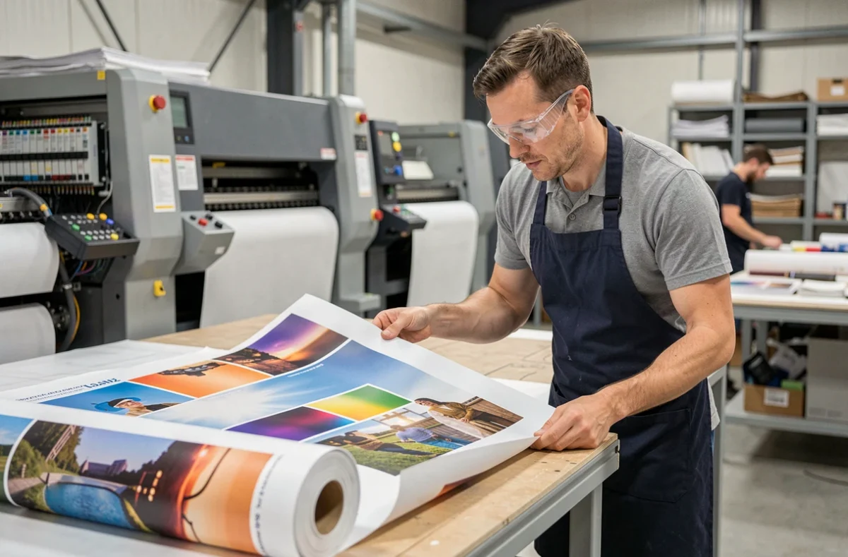 Technicien en atelier d'impression vérifiant la qualité d'une bâche PVC grand format déroulée sur une table de travail