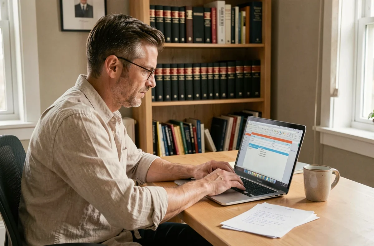 Un homme en télétravail consulte les conditions légales du temps partiel sur son ordinateur depuis son bureau à domicile