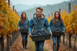 Travailleurs saisonniers récoltant des raisins dans un vignoble en automne, contrat vendanges MSA