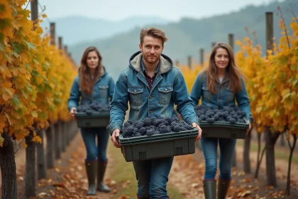 Travailleurs saisonniers récoltant des raisins dans un vignoble en automne, contrat vendanges MSA