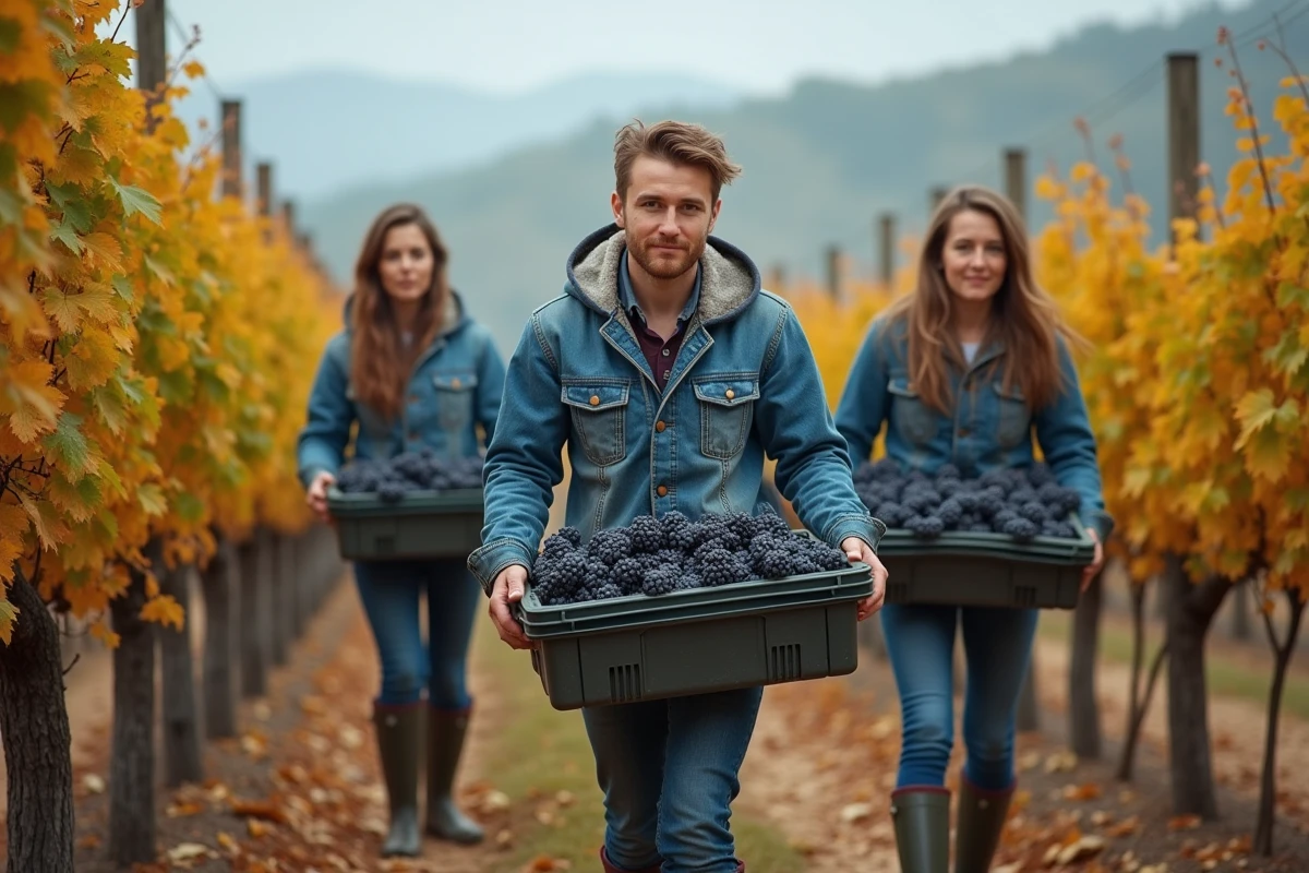 Travailleurs saisonniers récoltant des raisins dans un vignoble en automne, contrat vendanges MSA