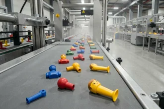 Ligne d'assemblage en usine avec des pièces de figurines Playmobil colorées sur un tapis roulant industriel