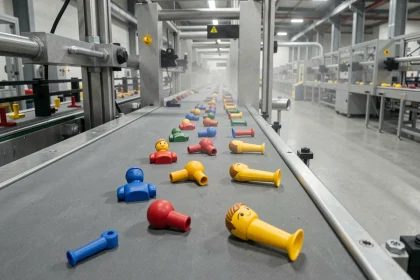 Ligne d'assemblage en usine avec des pièces de figurines Playmobil colorées sur un tapis roulant industriel