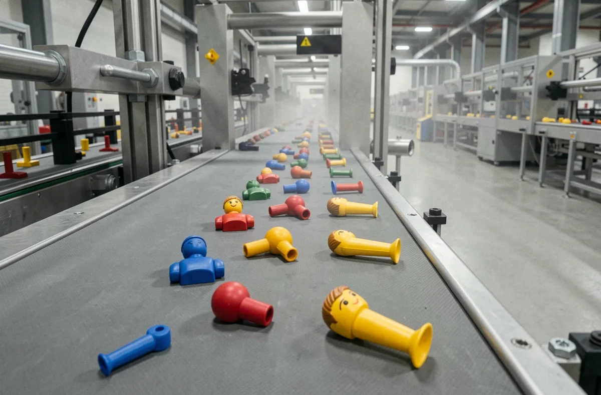 Ligne d'assemblage en usine avec des pièces de figurines Playmobil colorées sur un tapis roulant industriel