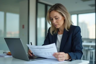 Femme d'affaires vérifiant un extrait Kbis Urssaf avant transmission à un partenaire commercial
