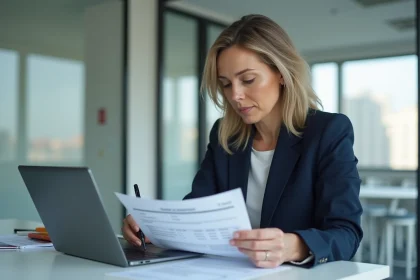 Femme d'affaires vérifiant un extrait Kbis Urssaf avant transmission à un partenaire commercial