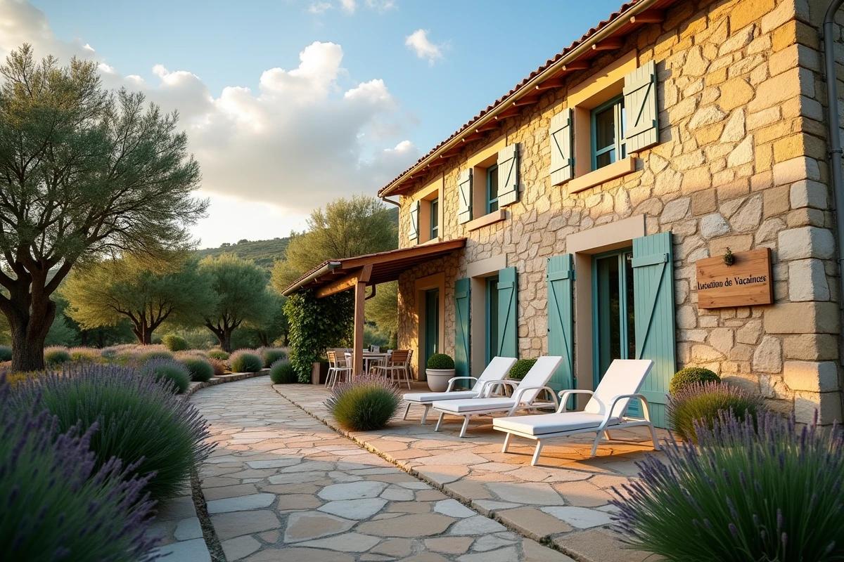 Villa de location de vacances avec terrasse et jardin méditerranéen, représentant un bien géré dans un parc locatif